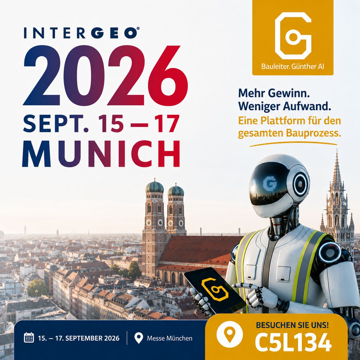 Bauleiter Günther AI auf der INTERGEO 2026 in München, Stand C5L134