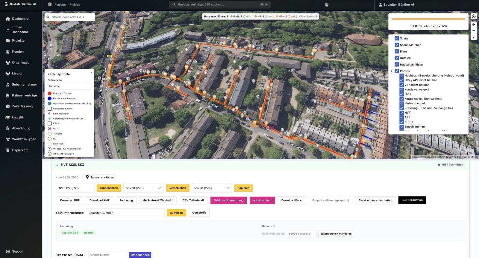 Echter Screenshot der Trassendokumentation mit Ebenen für Scans, Pläne und Fotos sowie Export-Buttons für PDF, KMZ, CSV Teilaufmaß und Telekom-Übermittlung