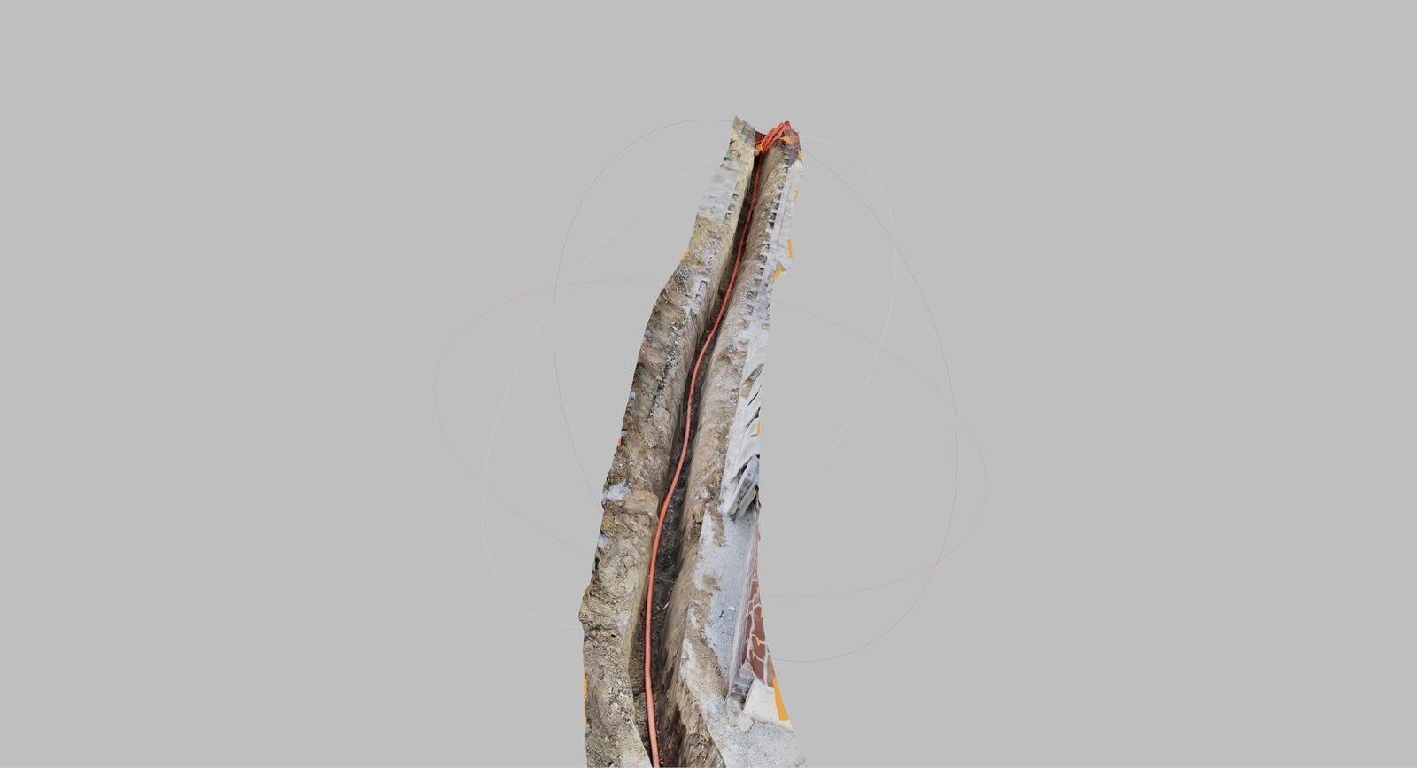 Echter 3D-Scan eines schmalen Grabenabschnitts mit erfasster Kabellage, abrufbar als 3D-Modell
